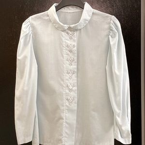 Light Blue Blouse Embroidery Elegant Vintage Made in Europe Sz 12/14 Sz L